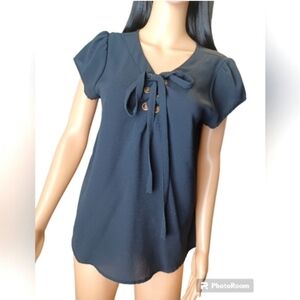 Women's Black Shirt Size Lg Lace Up  Bow V-Neck